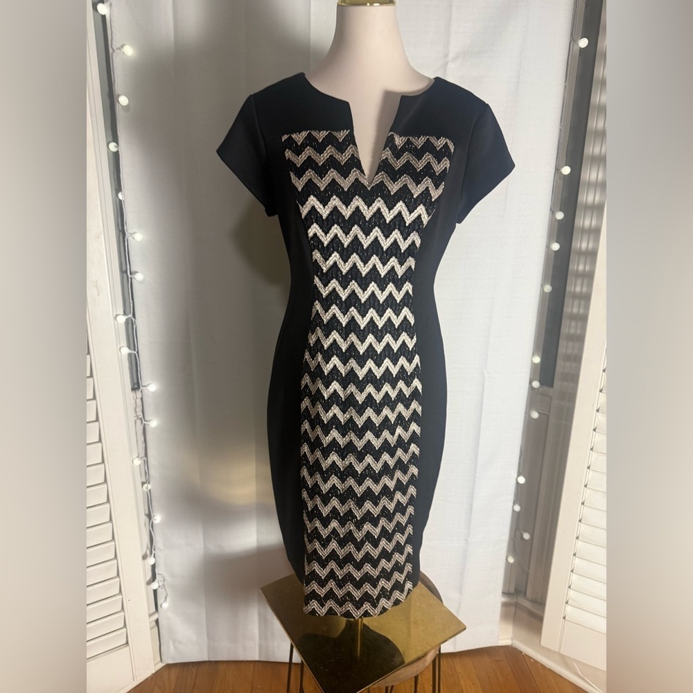 Connected Apparel Black Metallic Chevron Sheath Dress Size 10